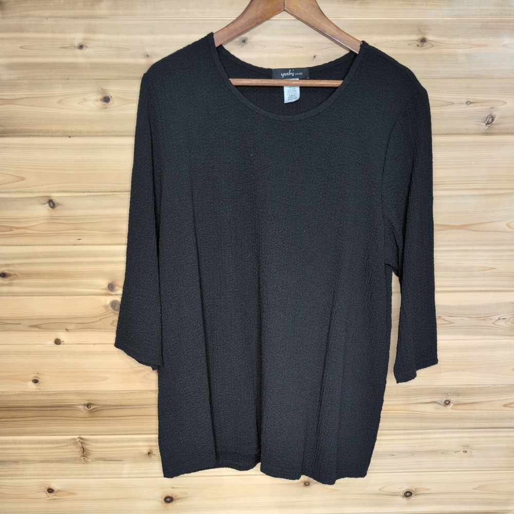 Yushi Womens Black Textured Knit 3/4 Sleeve Scoop Neck Top Large
